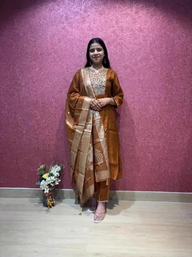 Stylish Straight Suit with Elegant Heavy Embroidered Yoke Design and Gracefully Designed Matching Dupatta & Pants