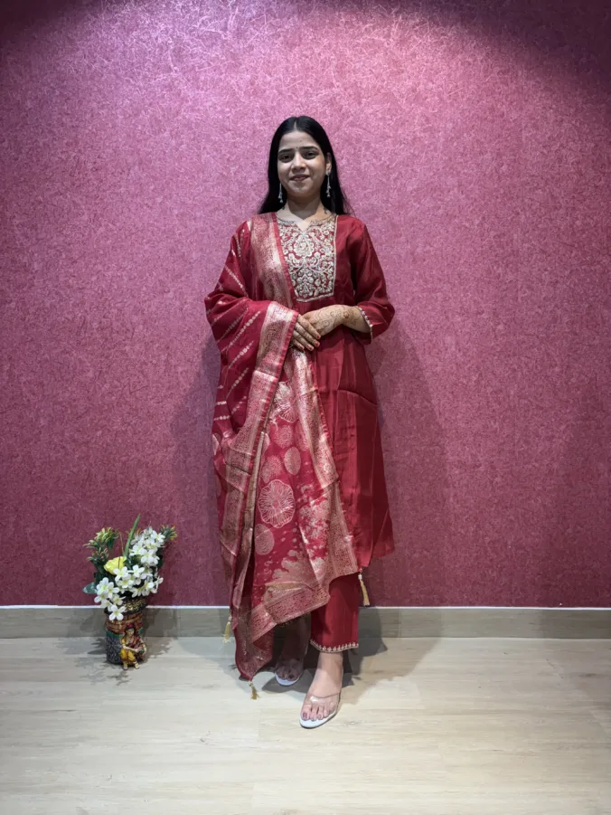 Stylish Straight Suit with Elegant Heavy Embroidered Yoke Design and Gracefully Designed Matching Dupatta & Pants