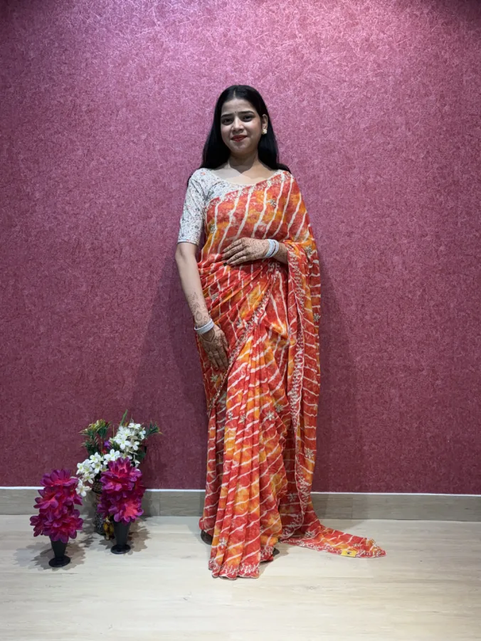 NEELAM TRADERS NEW LAUNCH TRENDING Viral laheriya saree in Single colour concept with hand kardan work all over in soft georgette fabric