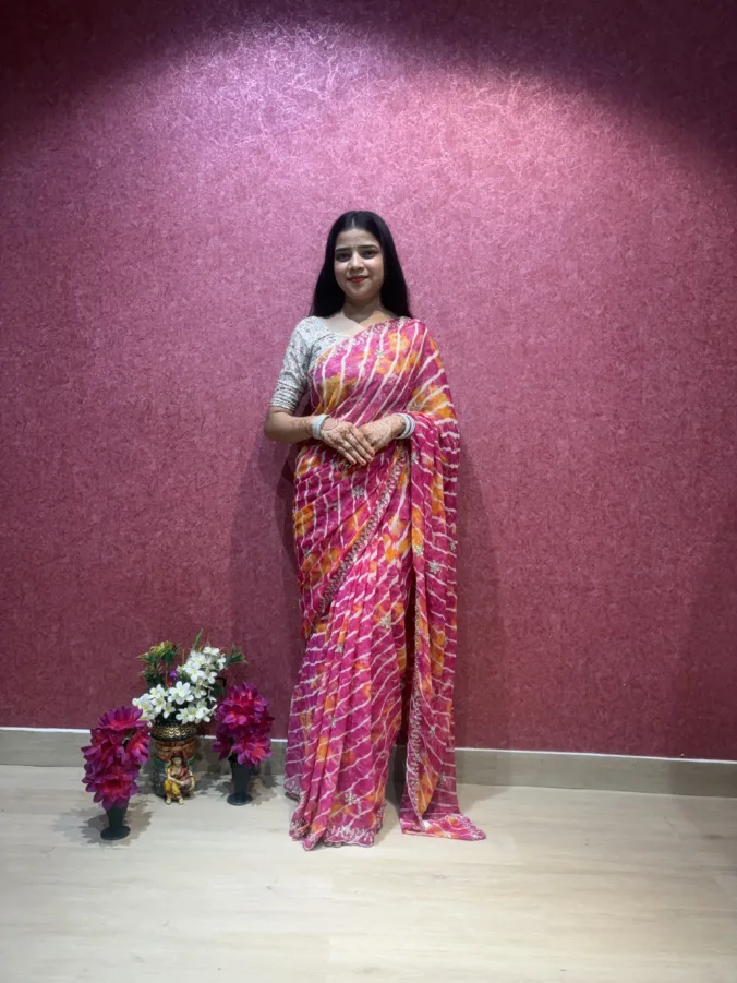 NEELAM TRADERS NEW LAUNCH TRENDING Viral laheriya saree in Single colour concept with hand kardan work all over in soft georgette fabric