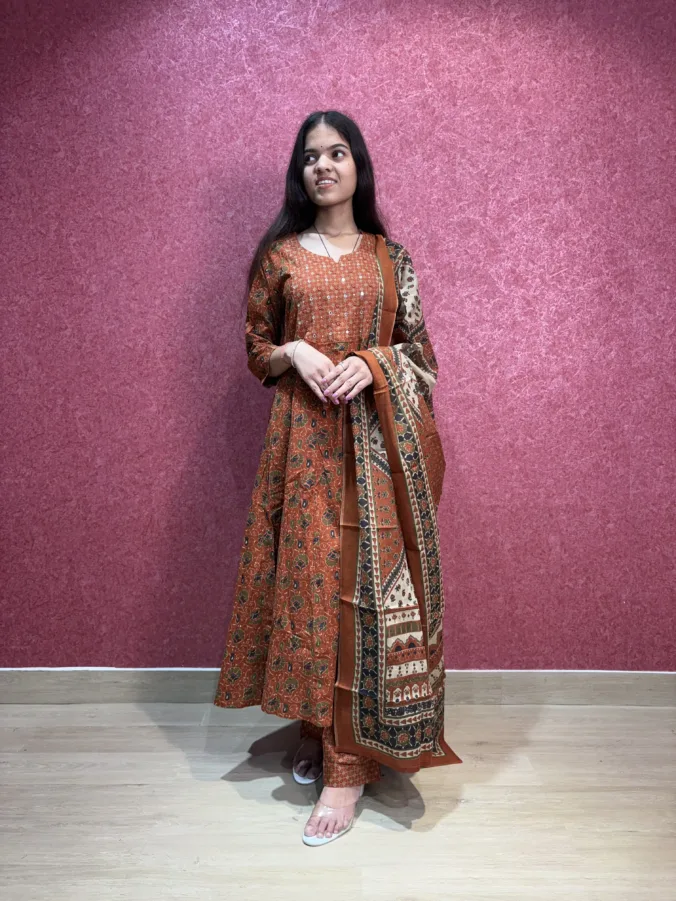 Trending rust frock suit with printed pant, stylish everyday ethnic elegance
