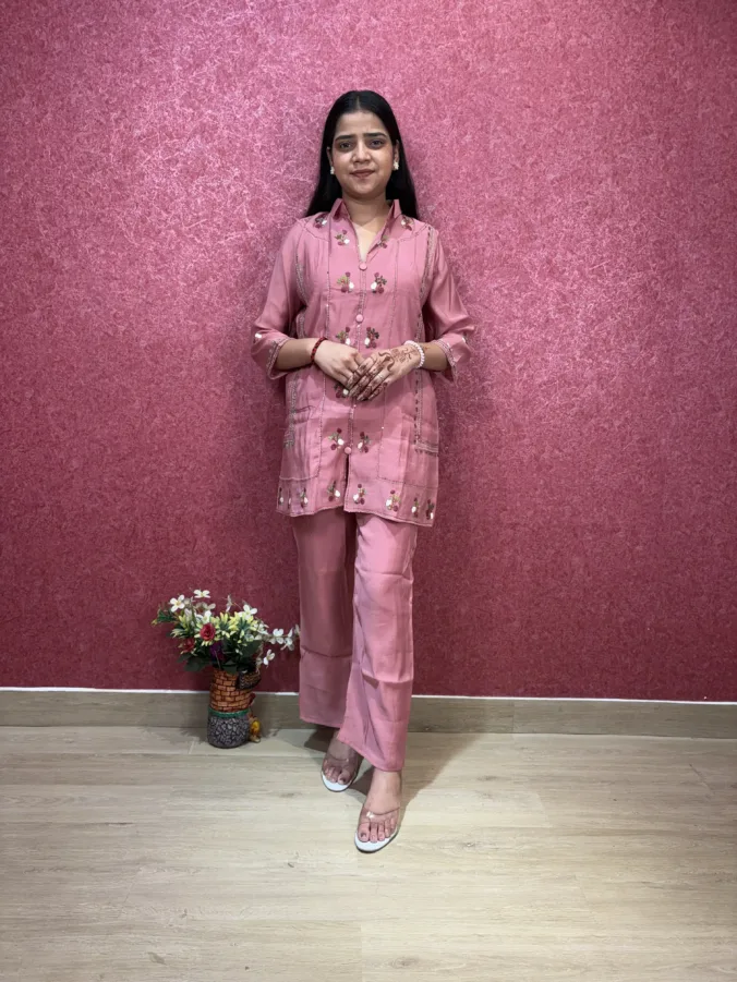 Elegant Pink Embroidered Straight Cord Set with Stylish Collar Neck & Matching Pants