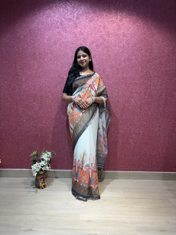NEELAM TRADERS NEW LAUNCH TRENDING Off white colour Kalamakari print saree in cotton silk fabric