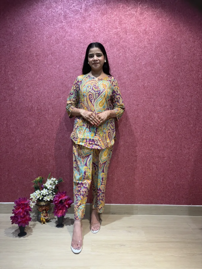 Stylish Paisley Print Co-Ord Suit with Elegant Designer Pattern and Gracefully Designed Matching Pants.