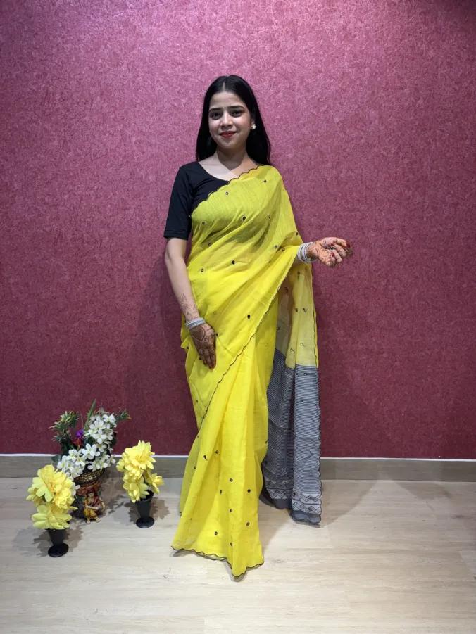NEELAM TRADERS NEW LAUNCH TRENDING Lemon yellow saree with mirror work all over in soft cotton silk fabric