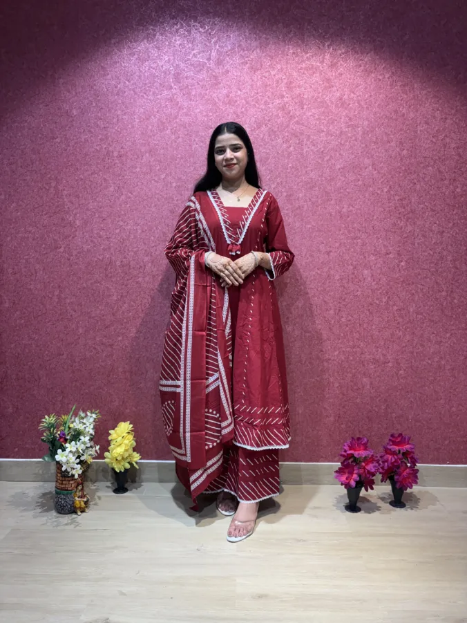Elegant Maroon Cotton Straight Suit Set with Lehariya Print Dupatta & Pants