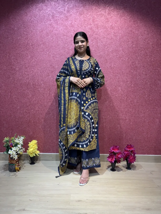Elegant Navy Blue Printed Suit Set with Traditional Mandala Design & Matching Dupatta