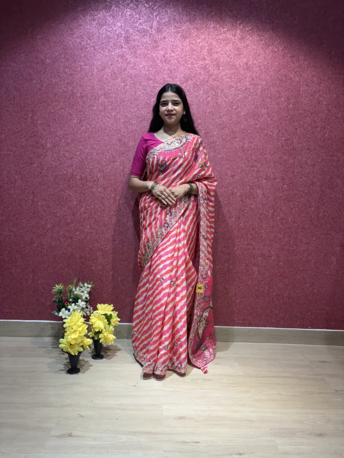 NEELAM TRADERS NEW LAUNCH TRENDING KALAMKARI PRINT AND LAHERIYA DESIGN SAREE IN SOFT GEORGETTE FABRIC