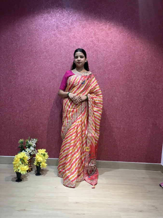 NEELAM TRADERS NEW LAUNCH TRENDING KALAMKARI PRINT AND LAHERIYA DESIGN SAREE IN SOFT GEORGETTE FABRIC