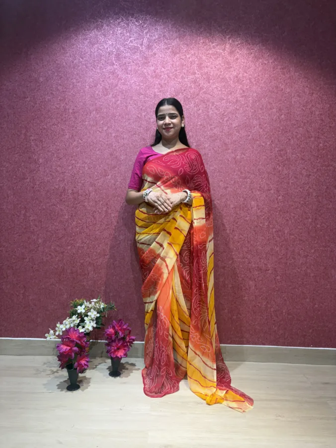 NEELAM TRADERS NEW LAUNCH TRENDING BANDHEJ TOUCH LAHERIYA SAREE IN SOFT GEORGETTE FABRIC WITHOUT BLOUSE