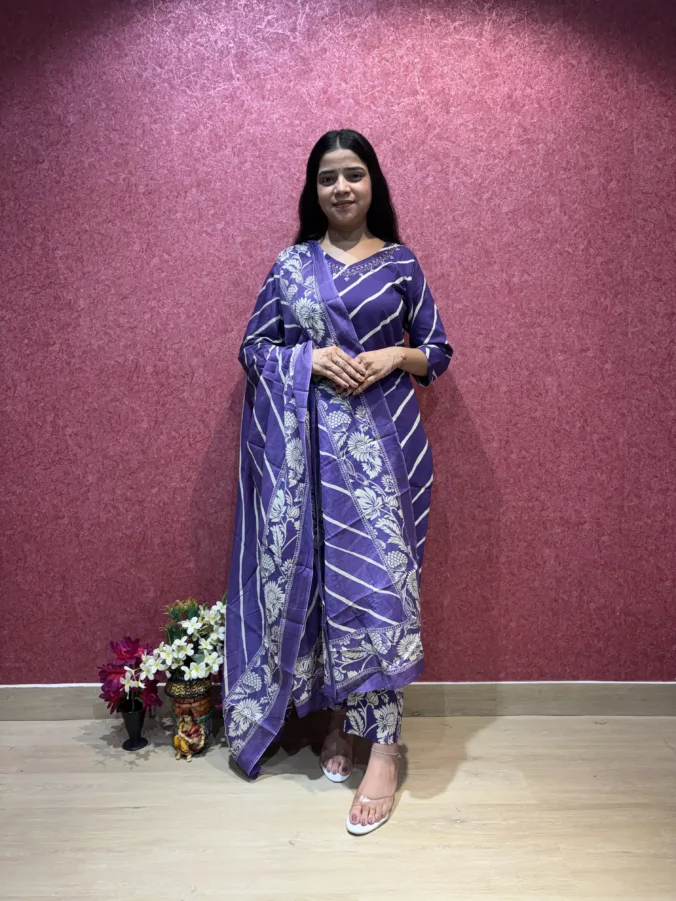 Elegant Laheriya Printed Suit Set with Floral Border & Matching Dupatta