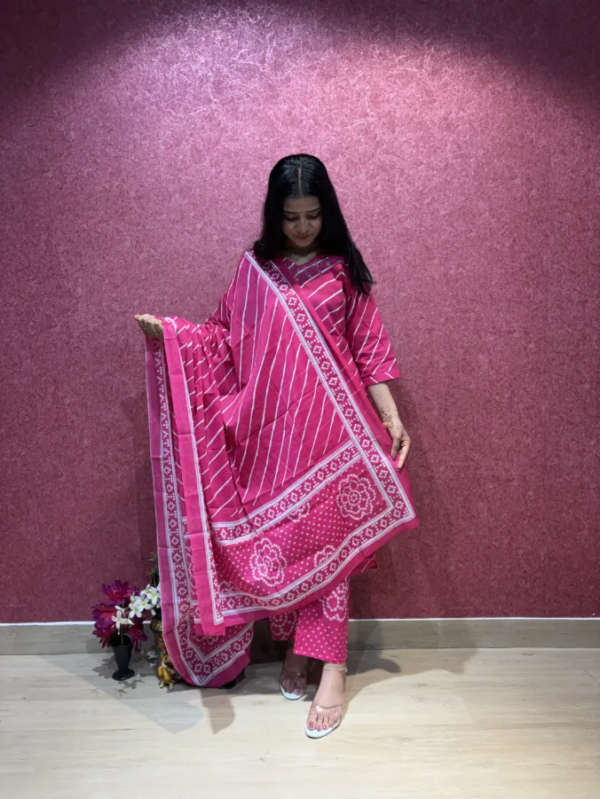 Elegant Laheriya Printed Suit Set with Floral Border & Matching Dupatta