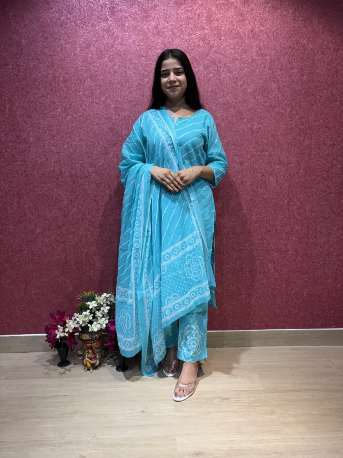 Elegant Laheriya Printed Suit Set with Floral Border & Matching Dupatta