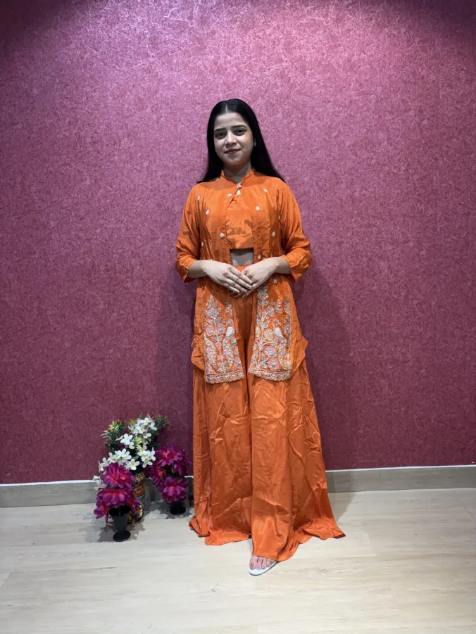 Elegant Orange Indo-Western Co-Ord Set with Embroidered Jacket & Flared Palazzo