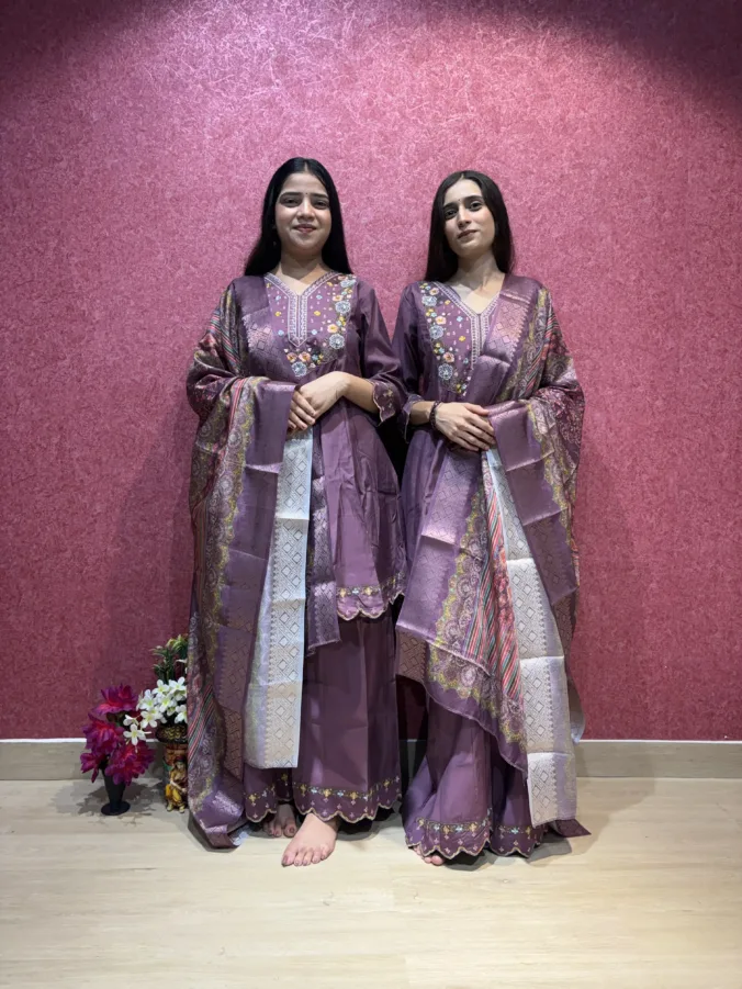 Premium Silk Blend Embroidered Suit Set with Designer Woven Dupatta