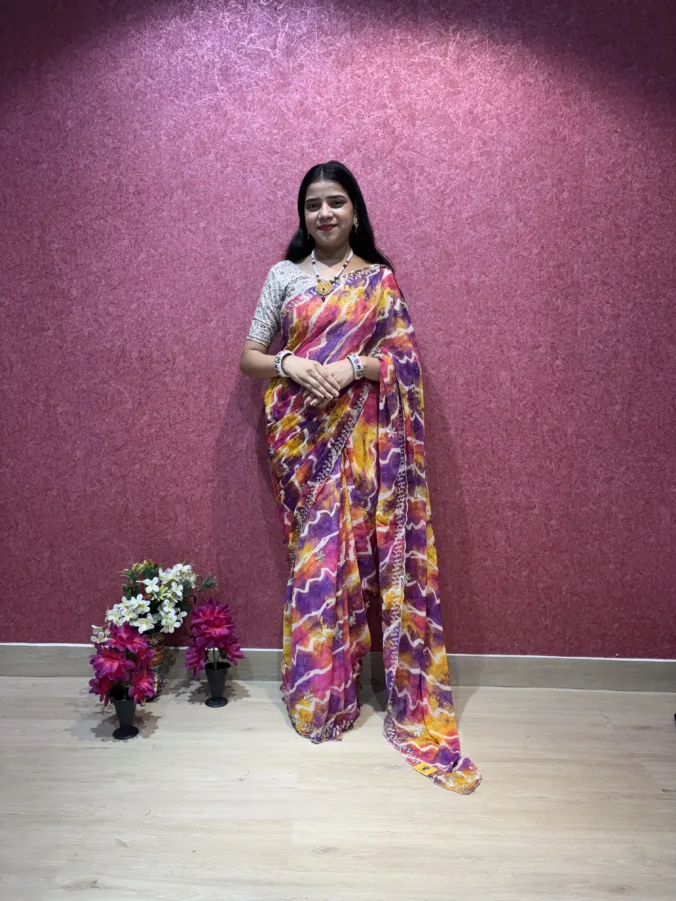NEELAM TRADERS NEW LAUNCH TRENDING zigzak laheriya saree with applic work all over in soft georgette fabric
