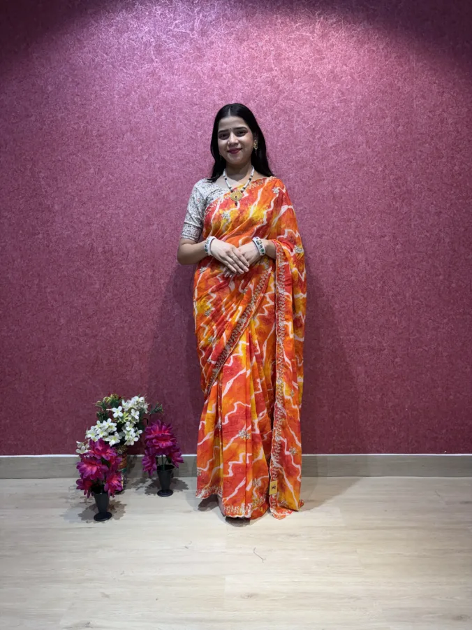 NEELAM TRADERS NEW LAUNCH TRENDING zigzak laheriya saree with applic work all over in soft georgette fabric