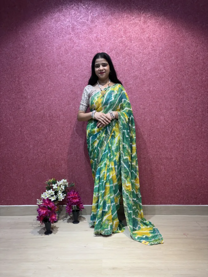 NEELAM TRADERS NEW LAUNCH TRENDING zigzak laheriya saree with applic work all over in soft georgette fabric