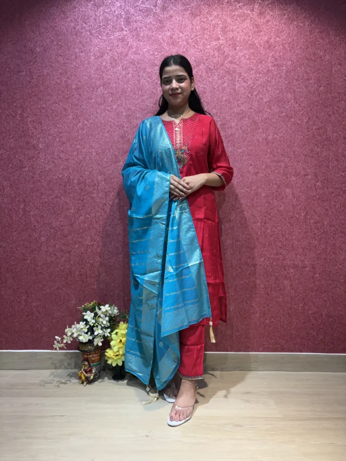 Elegant Embroidered Silk Suit with Designer Blue Dupatta