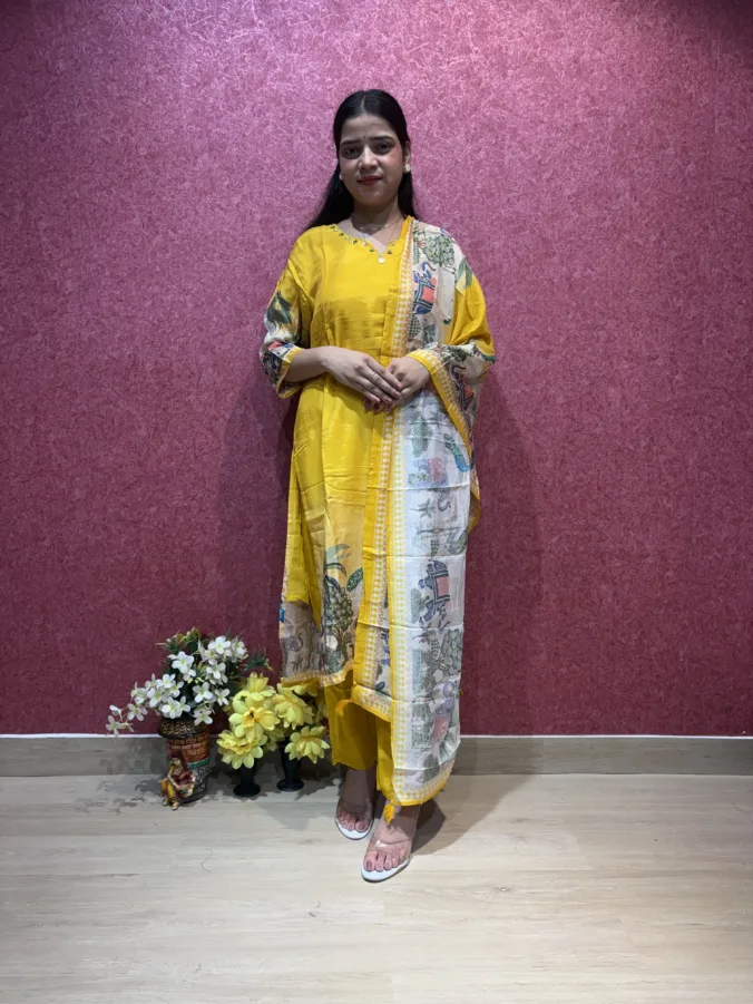 Elegant Yellow Silk Suit with Printed Designer Dupatta