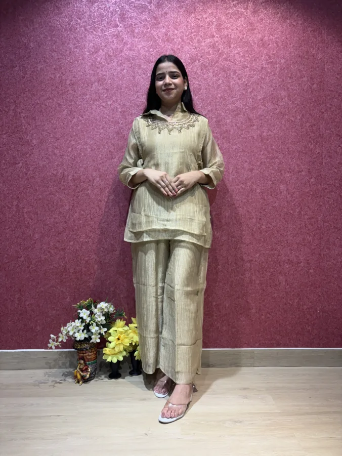 Elegant 3-Piece Tissue Silk Suit Set with Separate Embroidered Neck Piece