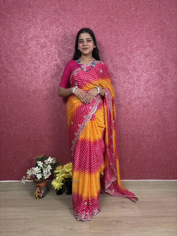 NEELAM TRADERS NEW LAUNCH TRENDING MULTISAHDE LAHERIYA SAREE WITH PLASTIC MIRROR AT PALLU IN SOFT SILK FABRIC
