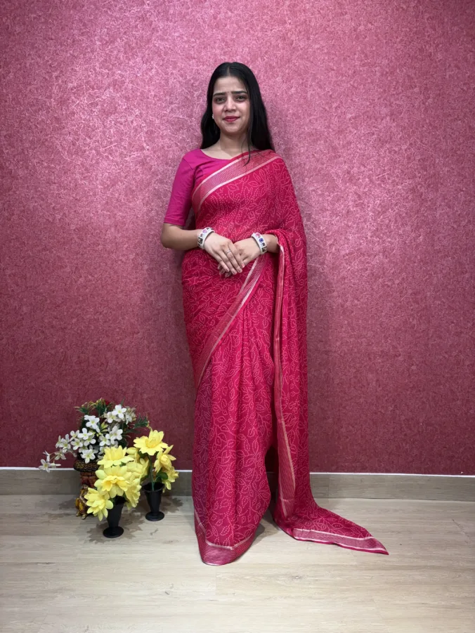 NEELAM TRADERS NEW LAUNCH TRENDING RAAI BANDHEJ SAREE WITH HEAVY ZARI WEAVING BORDER  ALL OVER IN SOFT GEORGETTE