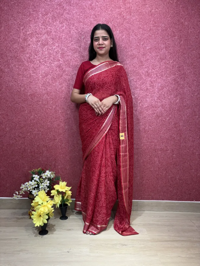 NEELAM TRADERS NEW LAUNCH TRENDING RAAI BANDHEJ SAREE WITH HEAVY ZARI WEAVING BORDER  ALL OVER IN SOFT GEORGETTE