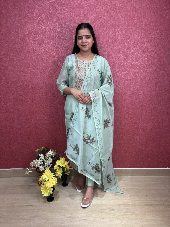 Elegant Mint Green Printed Suit Set with Embroidered Neckline & Floral Dupatta