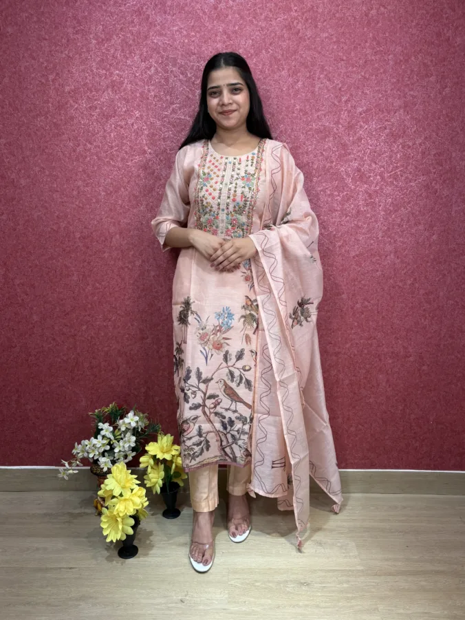 Elegant Mint Green Printed Suit Set with Embroidered Neckline & Floral Dupatta