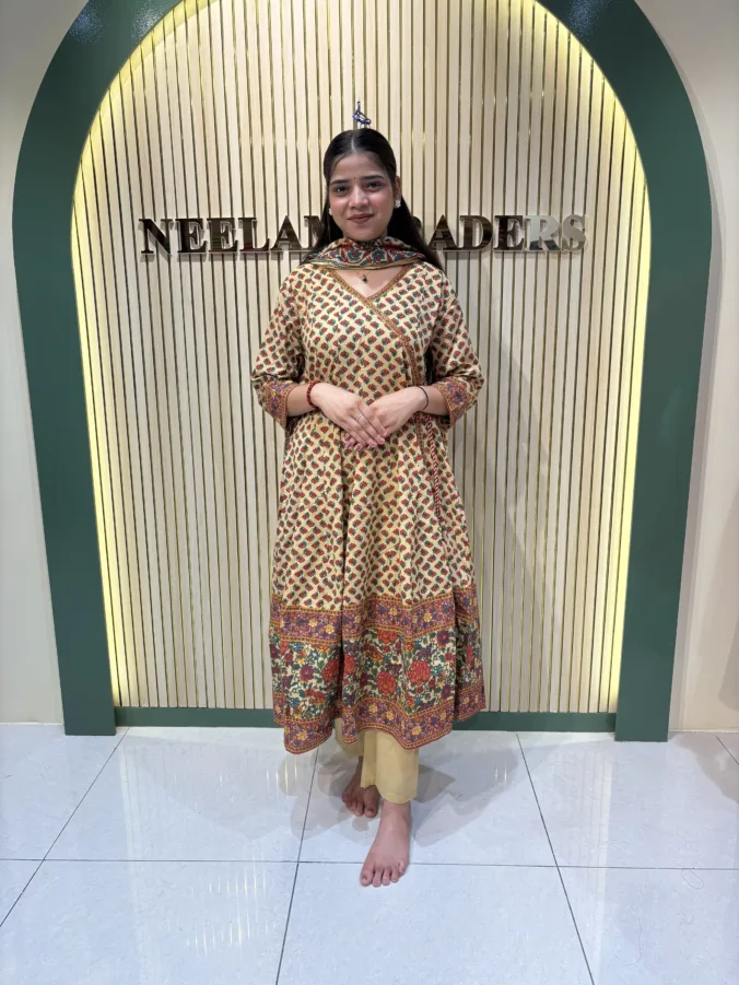 Elegant Printed Angrakha Suit with Floral Border Detailing & Matching Dupatta