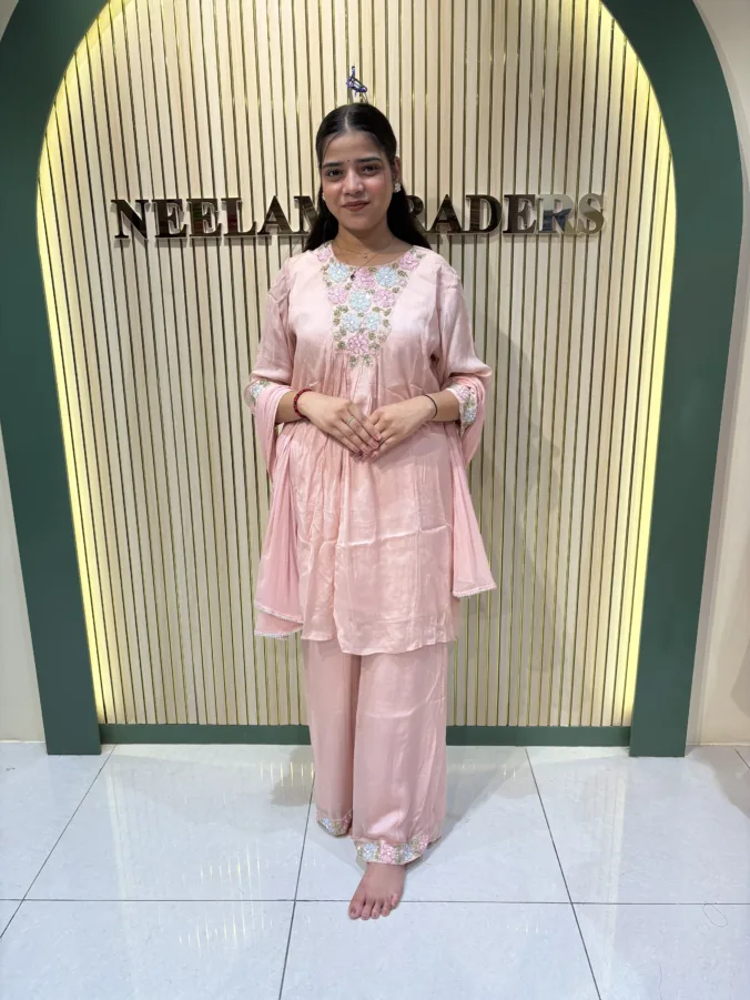 Elegant Blush Pink Suit with Floral Embroidered Neckline & Matching Palazzo