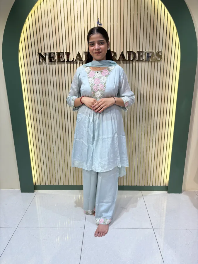Elegant Blush Pink Suit with Floral Embroidered Neckline & Matching Palazzo