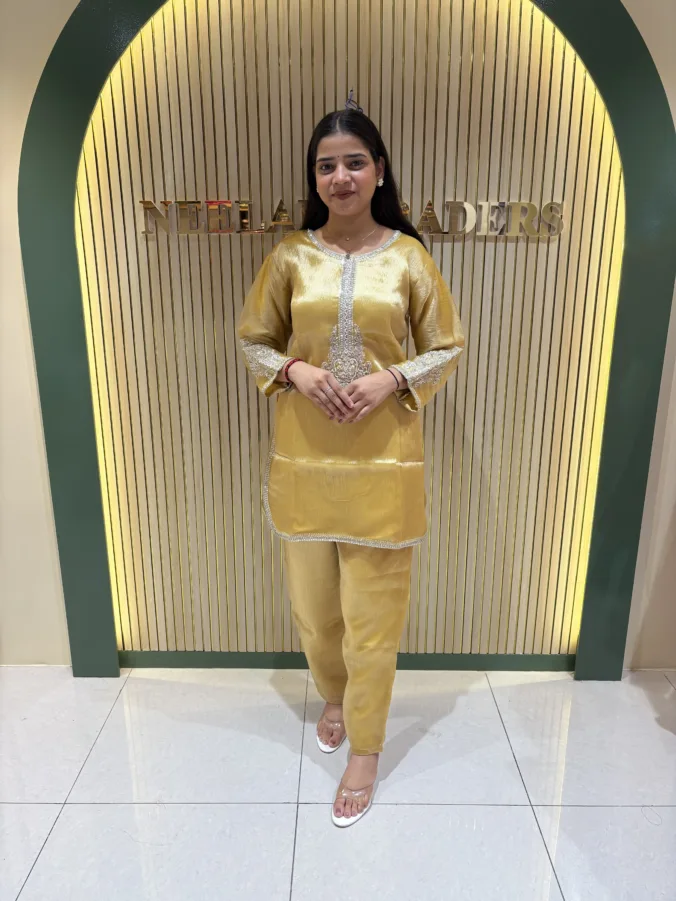 Elegant Solid Silk Suit with Exquisite Silver Embroidered Neckline & Sleeve Detailing