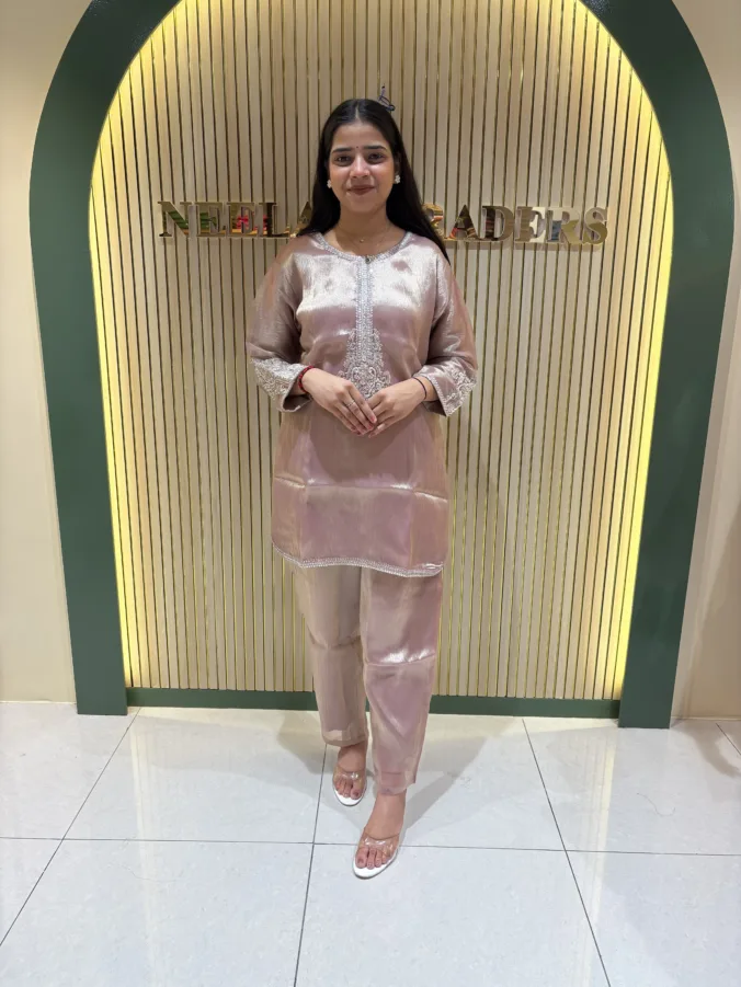 Elegant Solid Silk Suit with Exquisite Silver Embroidered Neckline & Sleeve Detailing
