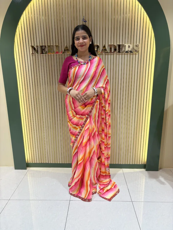 NEELAM TRADERS NEW LAUNCH TRENDING Laheriya Saree with Heavy Sequence Border in Soft Chiffon fabric