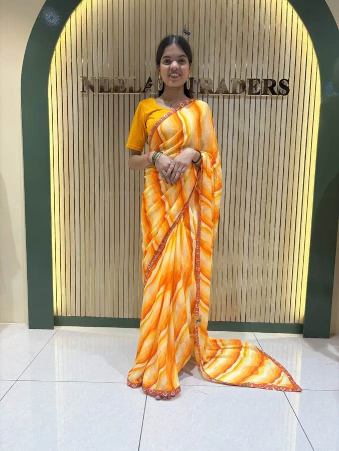NEELAM TRADERS NEW LAUNCH TRENDING Laheriya Saree with Heavy Sequence Border in Soft Chiffon fabric