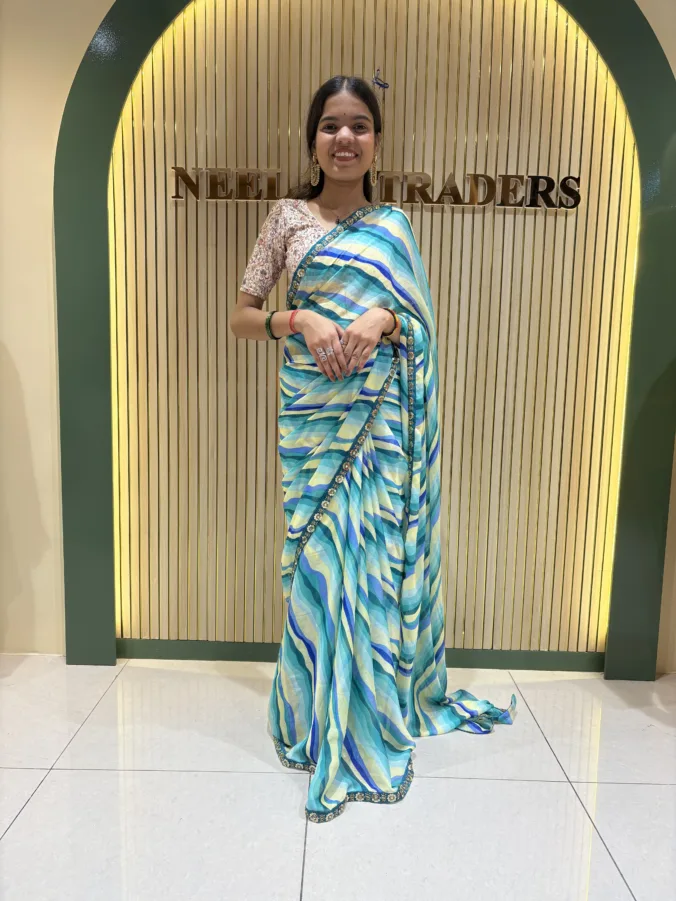 NEELAM TRADERS NEW LAUNCH TRENDING Laheriya Saree with Heavy Sequence Border in Soft Chiffon fabric