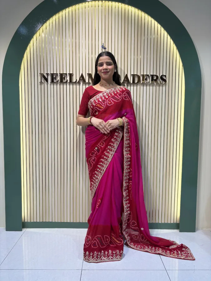 NEELAM TRADERS NEW LAUNCH TRENDING  Ojariya saree with new colour combination (Red+Pink) with handmade bandhej & Gotapatti all over in pure fabric