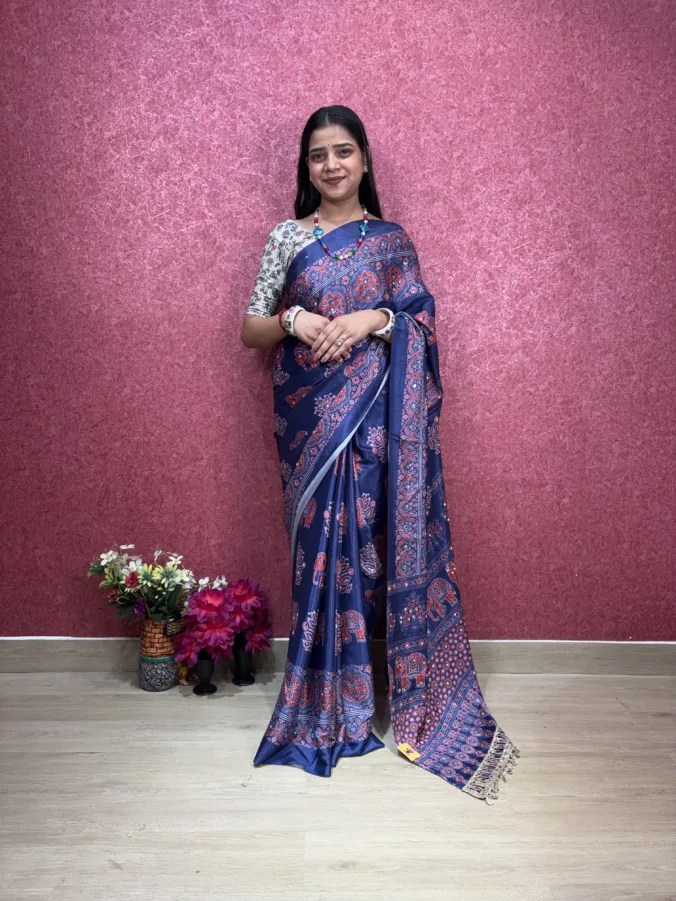 NEELAM TRADERS NEW LAUNCH TRENDING EXCLUSIVE MIRROR WORK SAREE WITH ELPHANT DESIGN AT PALLU IN SOFT SILK FABRIC