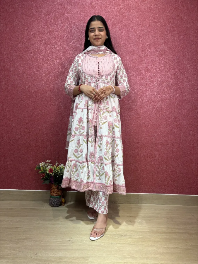 Elegant Floral Printed Anarkali Suit with Tiered Flare & Matching Dupatta
