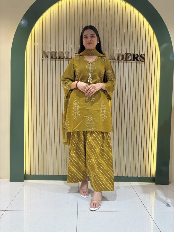 Elegant Olive Green Printed Suit Set with Stylish Neckline & Matching Palazzo
