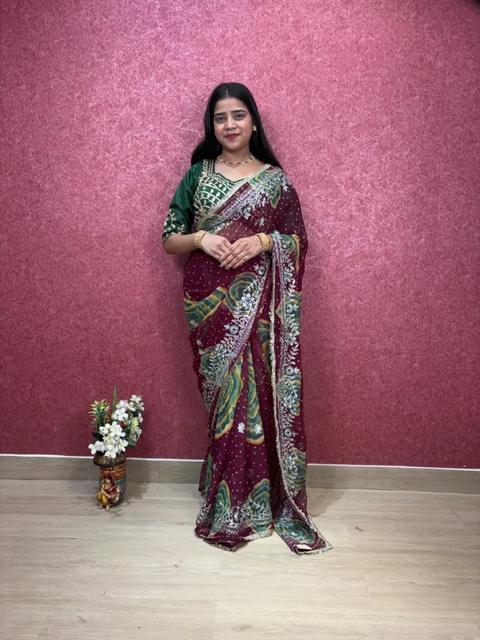 NEELAM TRADERS NEW LAUNCH TRENDING BANDHEJ SAREE WITH PITTAN & KIRAN LESS WORK AAL OVER IN SOFT GEORGETTE FABRIC