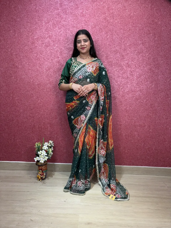 NEELAM TRADERS NEW LAUNCH TRENDING BANDHEJ SAREE WITH PITTAN & KIRAN LESS WORK AAL OVER IN SOFT GEORGETTE FABRIC
