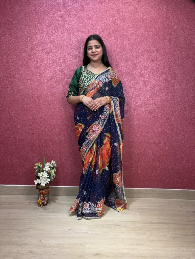 NEELAM TRADERS NEW LAUNCH TRENDING BANDHEJ SAREE WITH PITTAN & KIRAN LESS WORK AAL OVER IN SOFT GEORGETTE FABRIC