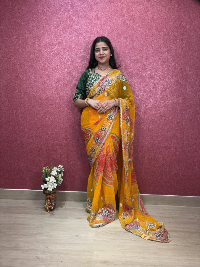 NEELAM TRADERS NEW LAUNCH TRENDING BANDHEJ SAREE WITH PITTAN & KIRAN LESS WORK AAL OVER IN SOFT GEORGETTE FABRIC