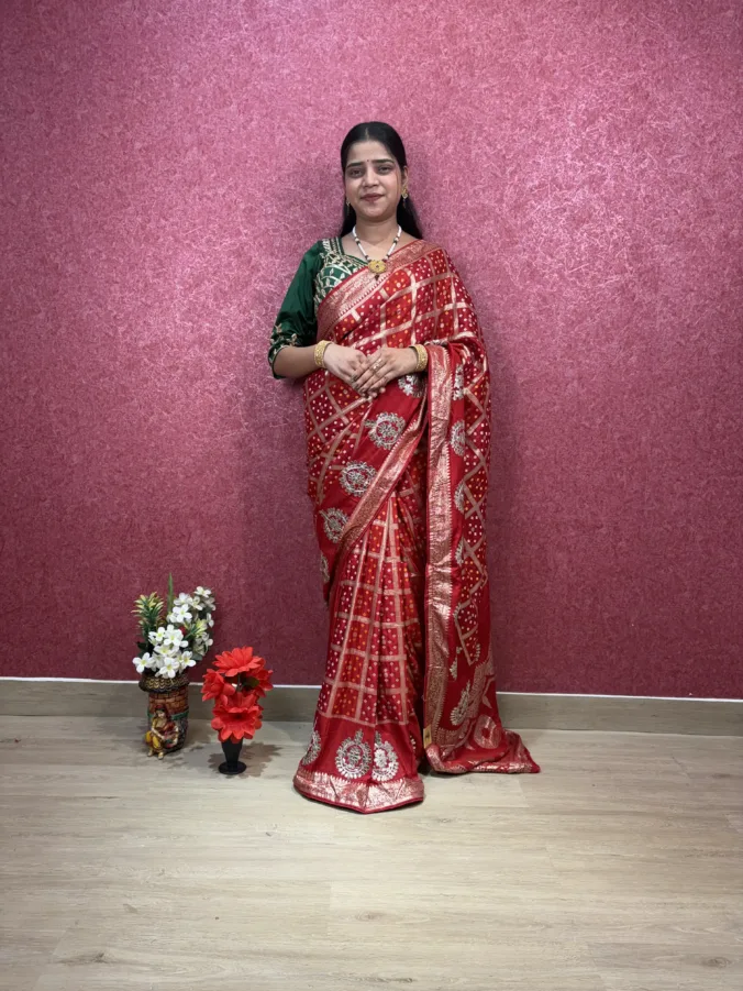 NEELAM TRADERS NEW LAUNCH TRENDING rakhi special bandhej ghatchola saree with gotta patti work all over in soft silk fabric