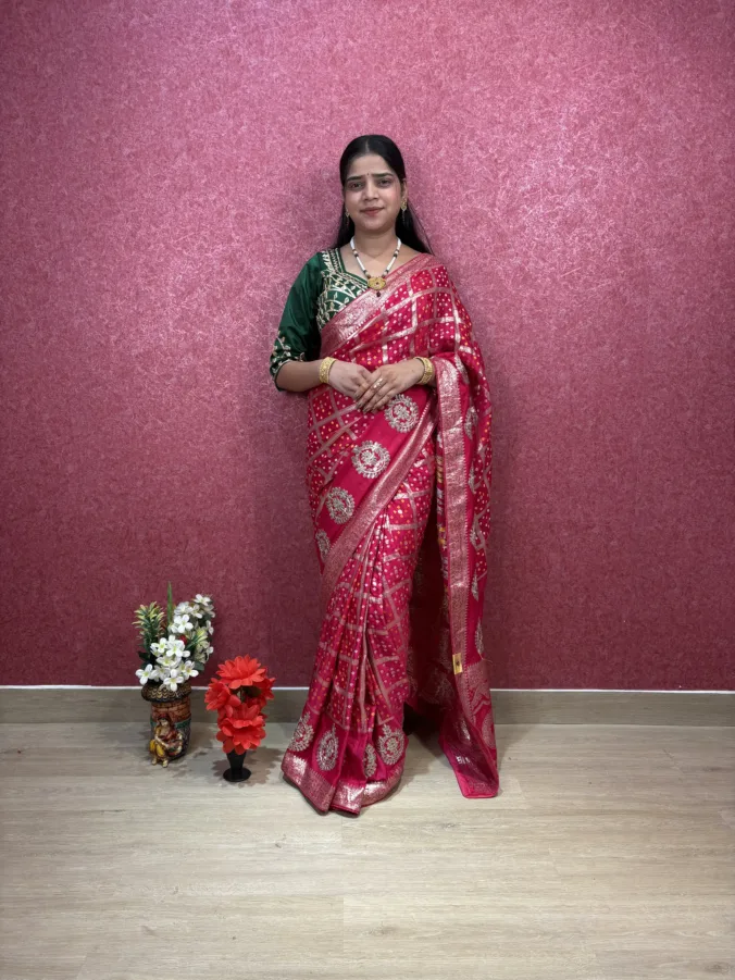 NEELAM TRADERS NEW LAUNCH TRENDING rakhi special bandhej ghatchola saree with gotta patti work all over in soft silk fabric