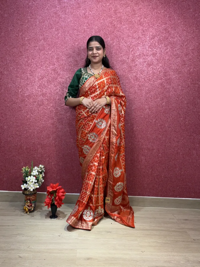 NEELAM TRADERS NEW LAUNCH TRENDING rakhi special bandhej ghatchola saree with gotta patti work all over in soft silk fabric