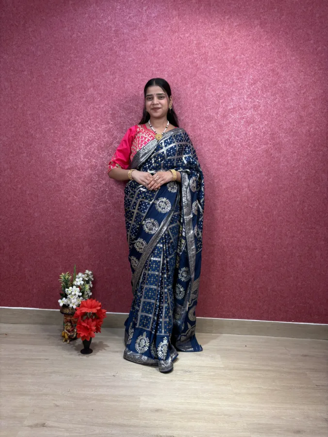 NEELAM TRADERS NEW LAUNCH TRENDING rakhi special bandhej ghatchola saree with gotta patti work all over in soft silk fabric